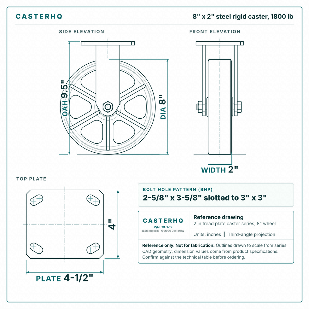 8 x 2 in steel rigid caster reference drawing, side, front and top plate views with dimensions