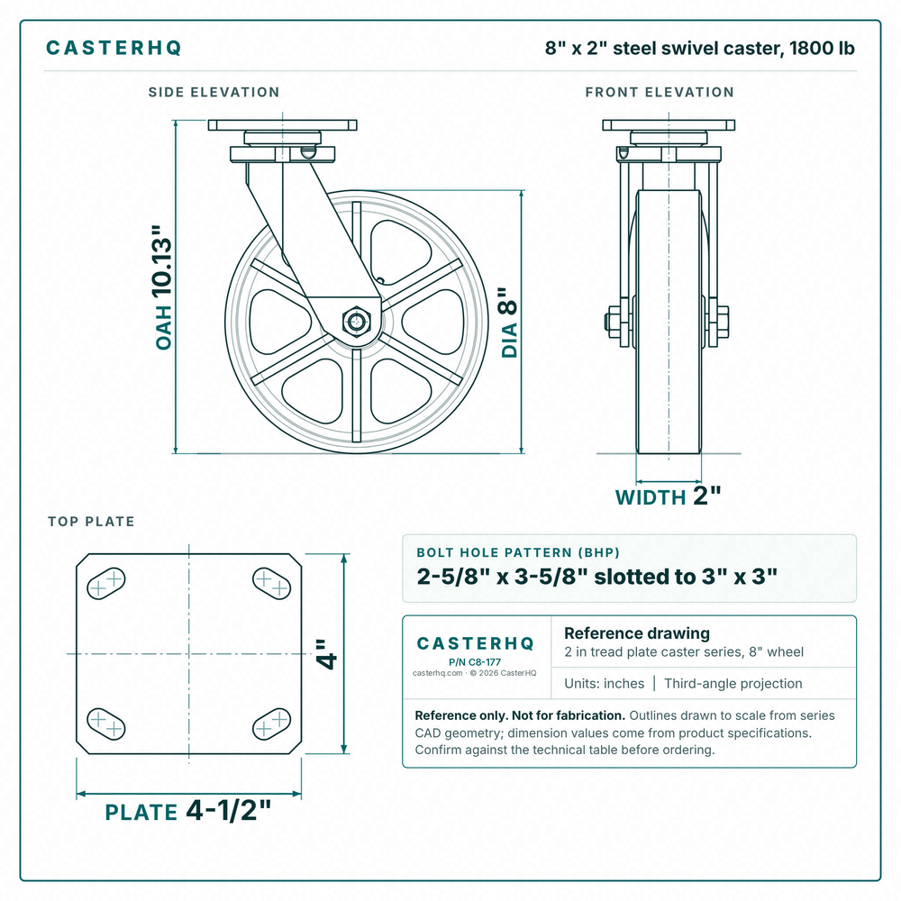 8 x 2 in steel swivel caster reference drawing, side, front and top plate views with dimensions