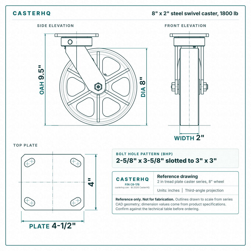 8 x 2 in steel swivel caster reference drawing, side, front and top plate views with dimensions