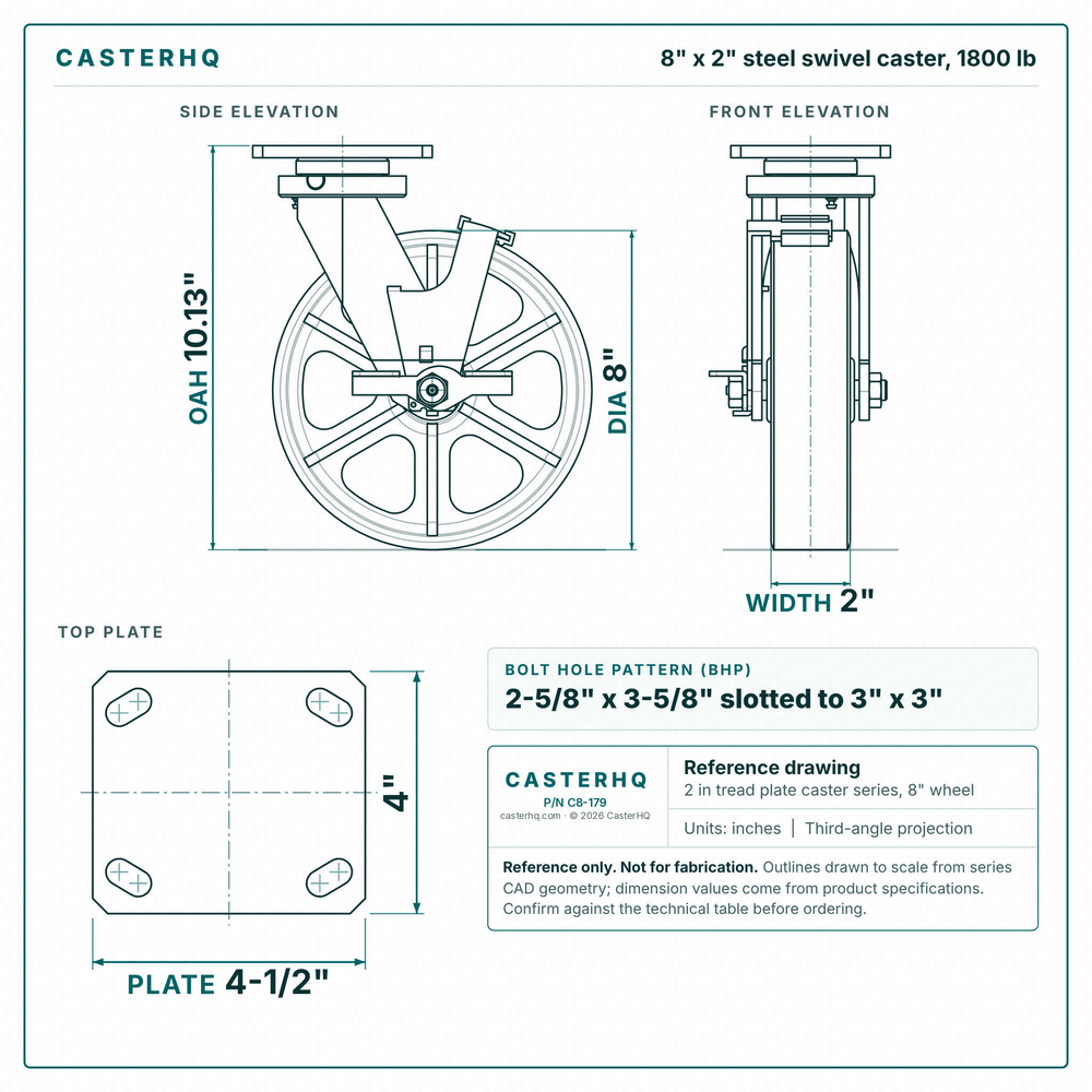 8 x 2 in steel swivel caster reference drawing, side, front and top plate views with dimensions
