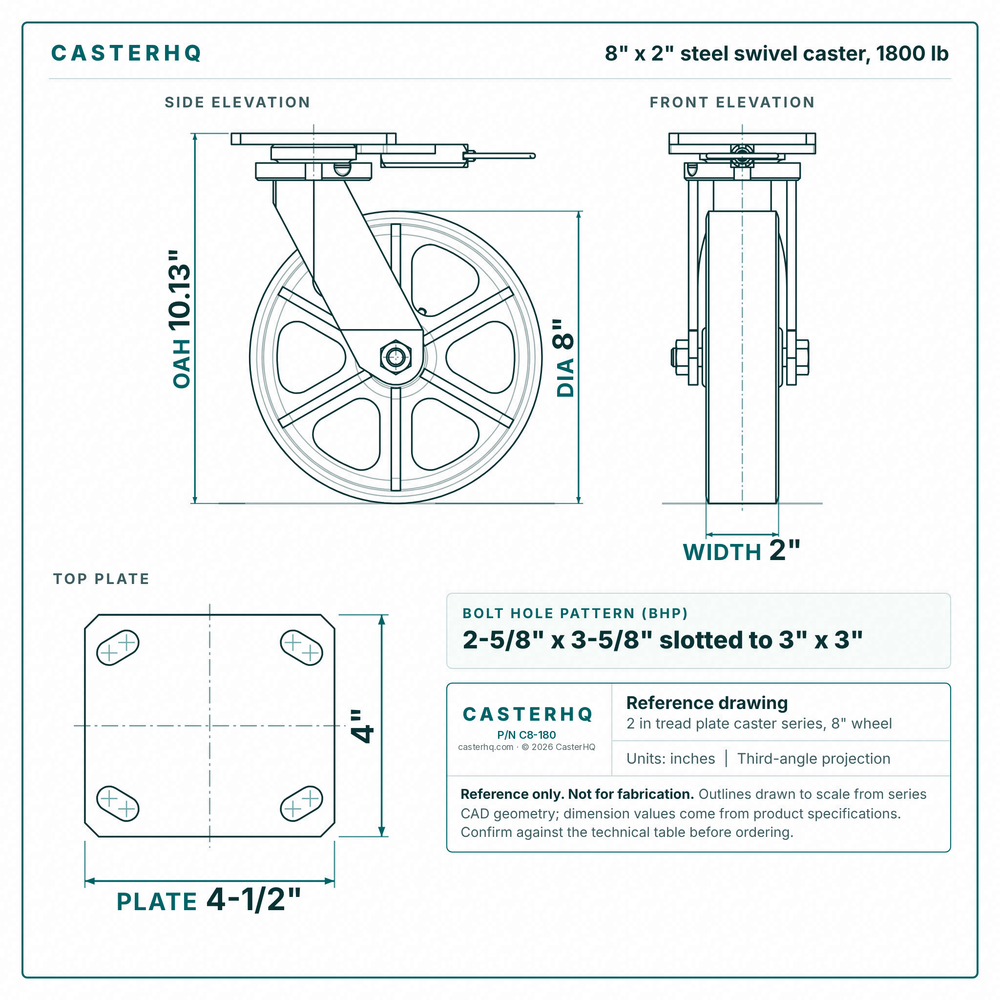 8 x 2 in steel swivel caster reference drawing, side, front and top plate views with dimensions