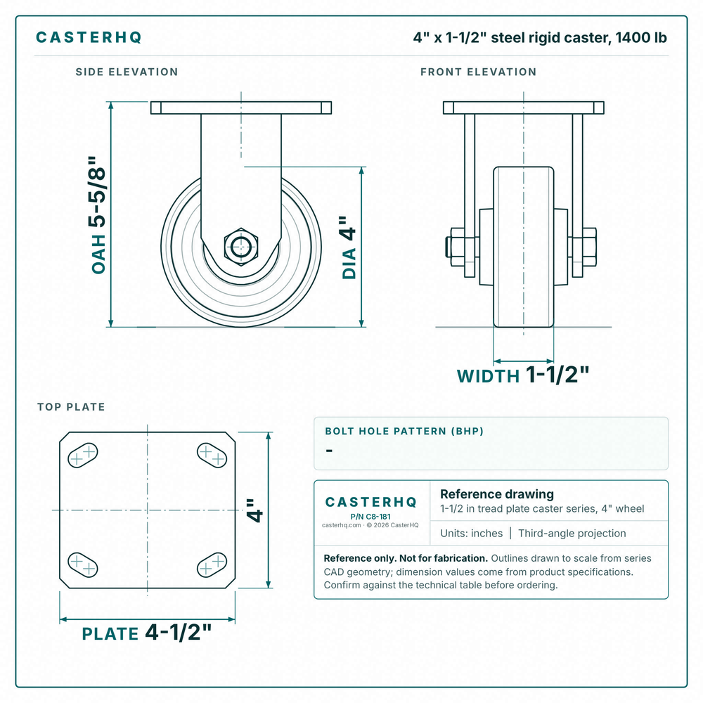4 x 1-1/2 in steel rigid caster reference drawing, side, front and top plate views with dimensions