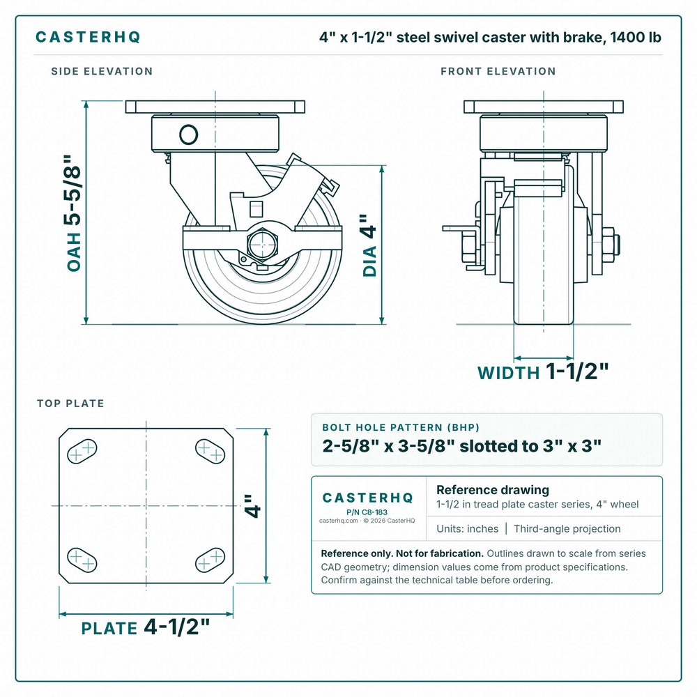 4 x 1-1/2 in steel swivel caster with brake reference drawing, side, front and top plate views with dimensions