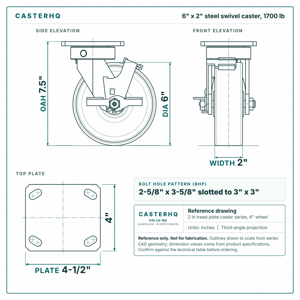 6 x 2 in steel swivel caster reference drawing, side, front and top plate views with dimensions