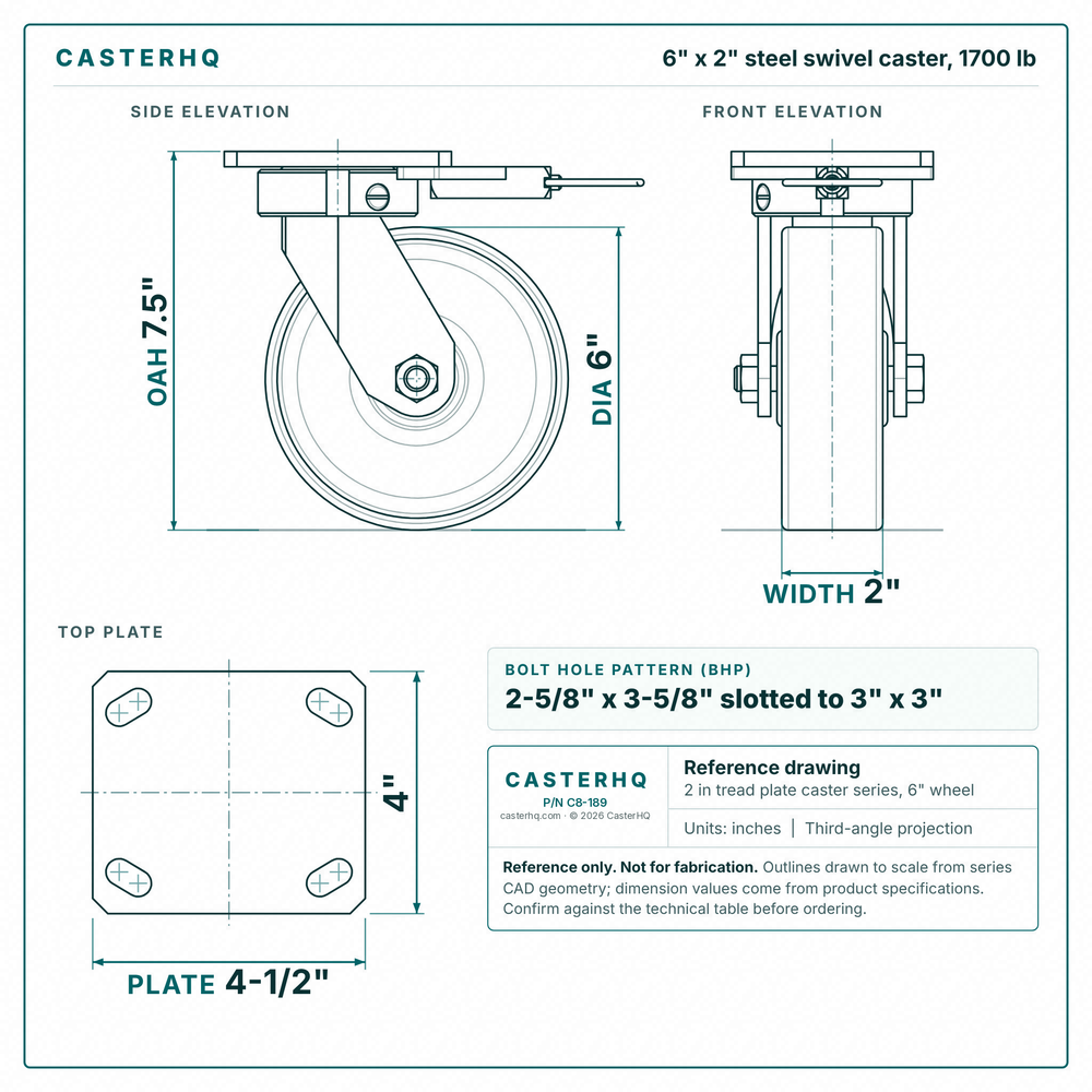 6 x 2 in steel swivel caster reference drawing, side, front and top plate views with dimensions