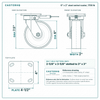 6 x 2 in steel swivel caster reference drawing, side, front and top plate views with dimensions