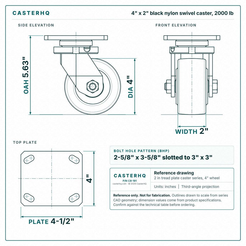 4 x 2 in black nylon swivel caster reference drawing, side, front and top plate views with dimensions