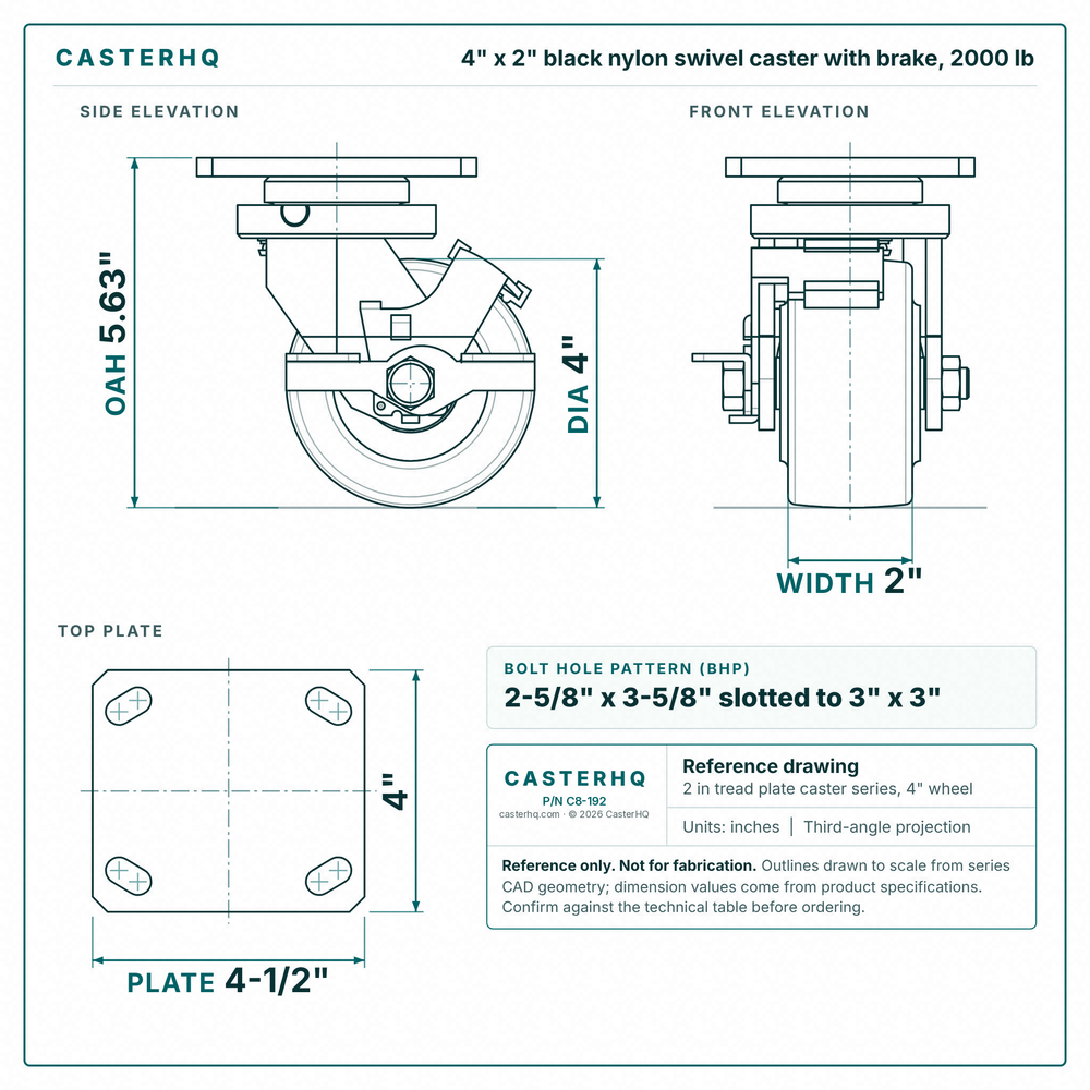 4 x 2 in black nylon swivel caster with brake reference drawing, side, front and top plate views with dimensions
