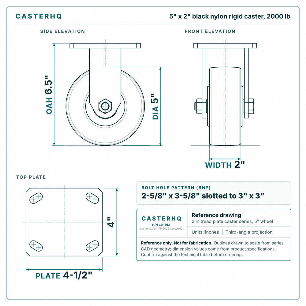 5 x 2 in black nylon rigid caster reference drawing, side, front and top plate views with dimensions