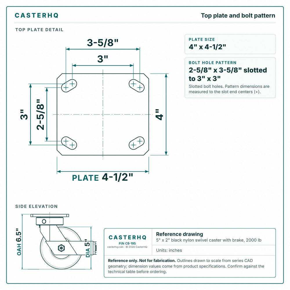 Top plate bolt pattern drawing, ["4\" x 4-1/2\""] plate, slotted bolt holes
