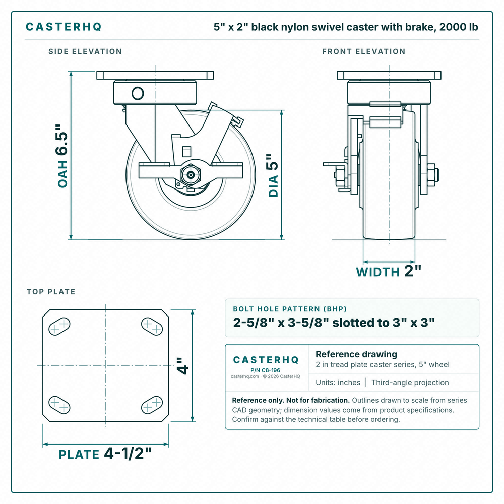 5 x 2 in black nylon swivel caster with brake reference drawing, side, front and top plate views with dimensions
