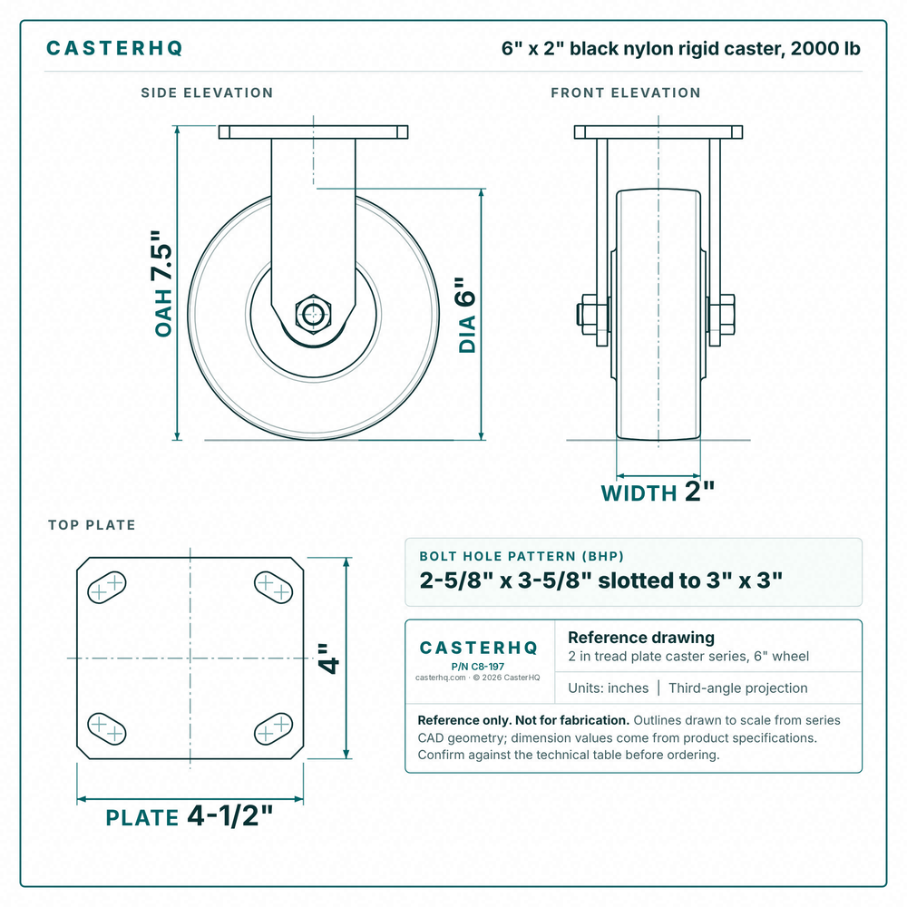 6 x 2 in black nylon rigid caster reference drawing, side, front and top plate views with dimensions