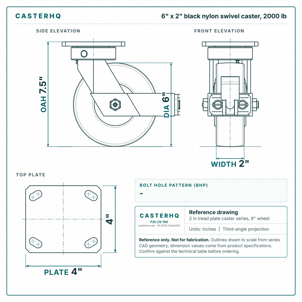 6 x 2 in black nylon swivel caster reference drawing, side, front and top plate views with dimensions