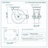 6 x 2 in black nylon swivel caster reference drawing, side, front and top plate views with dimensions