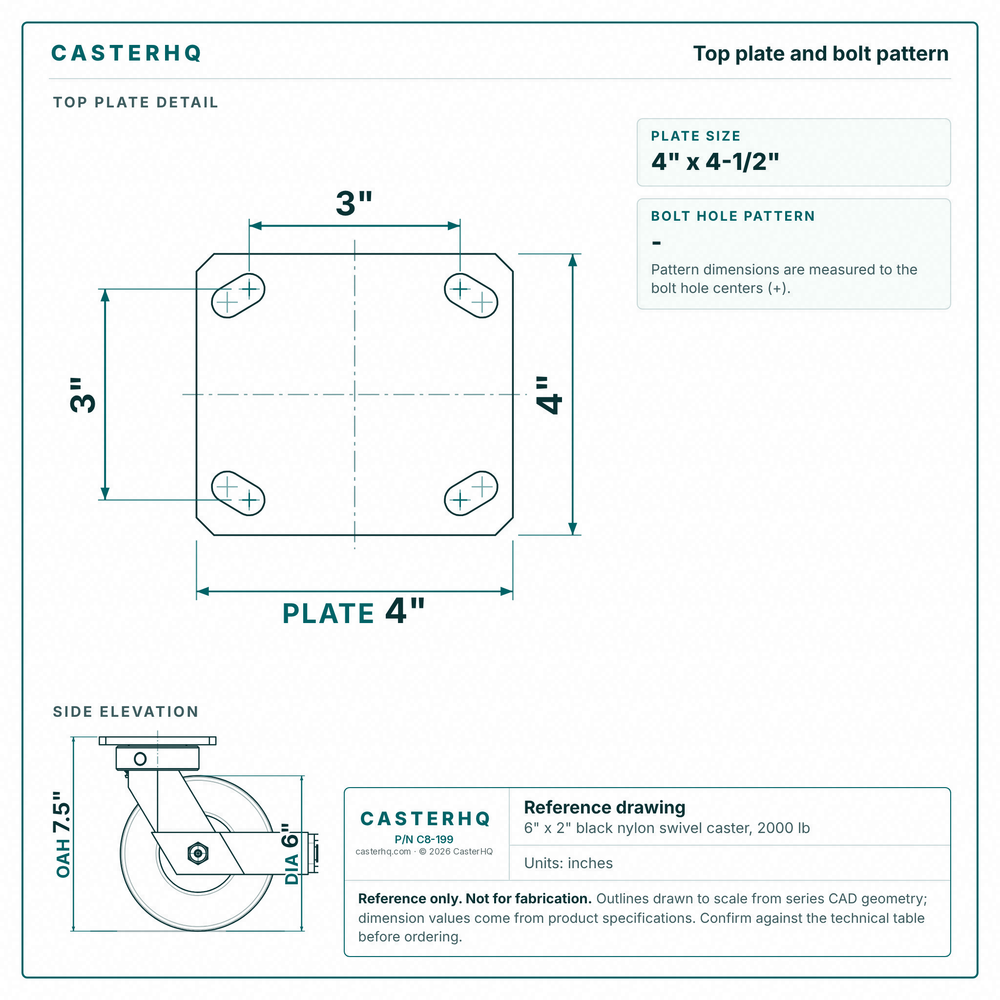 Top plate bolt pattern drawing, ["4\" x 4\""] plate