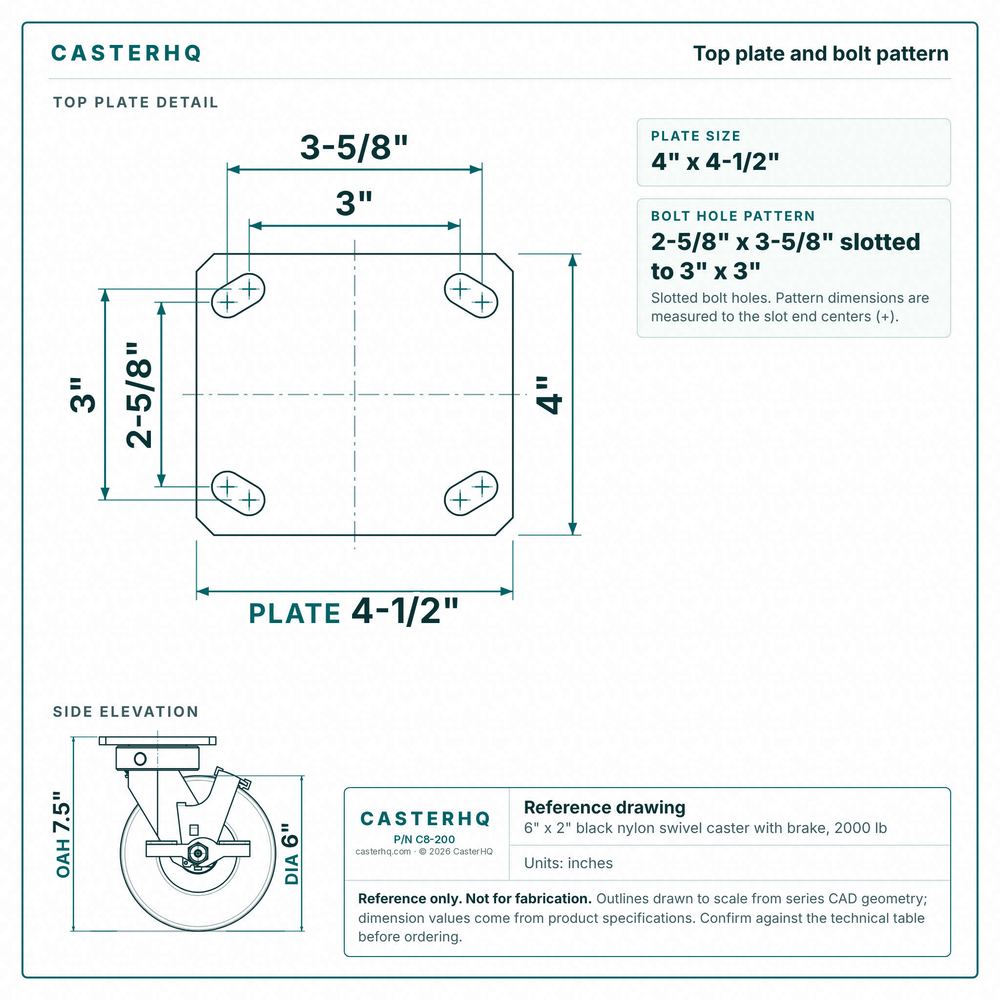 Top plate bolt pattern drawing, ["4\" x 4-1/2\""] plate, slotted bolt holes