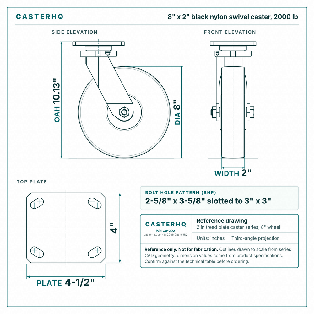 8 x 2 in black nylon swivel caster reference drawing, side, front and top plate views with dimensions