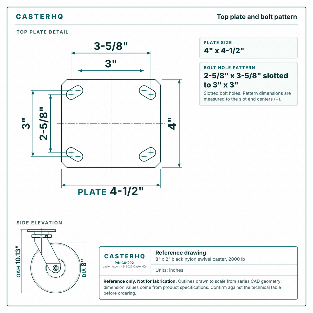 Top plate bolt pattern drawing, ["4\" x 4-1/2\""] plate, slotted bolt holes