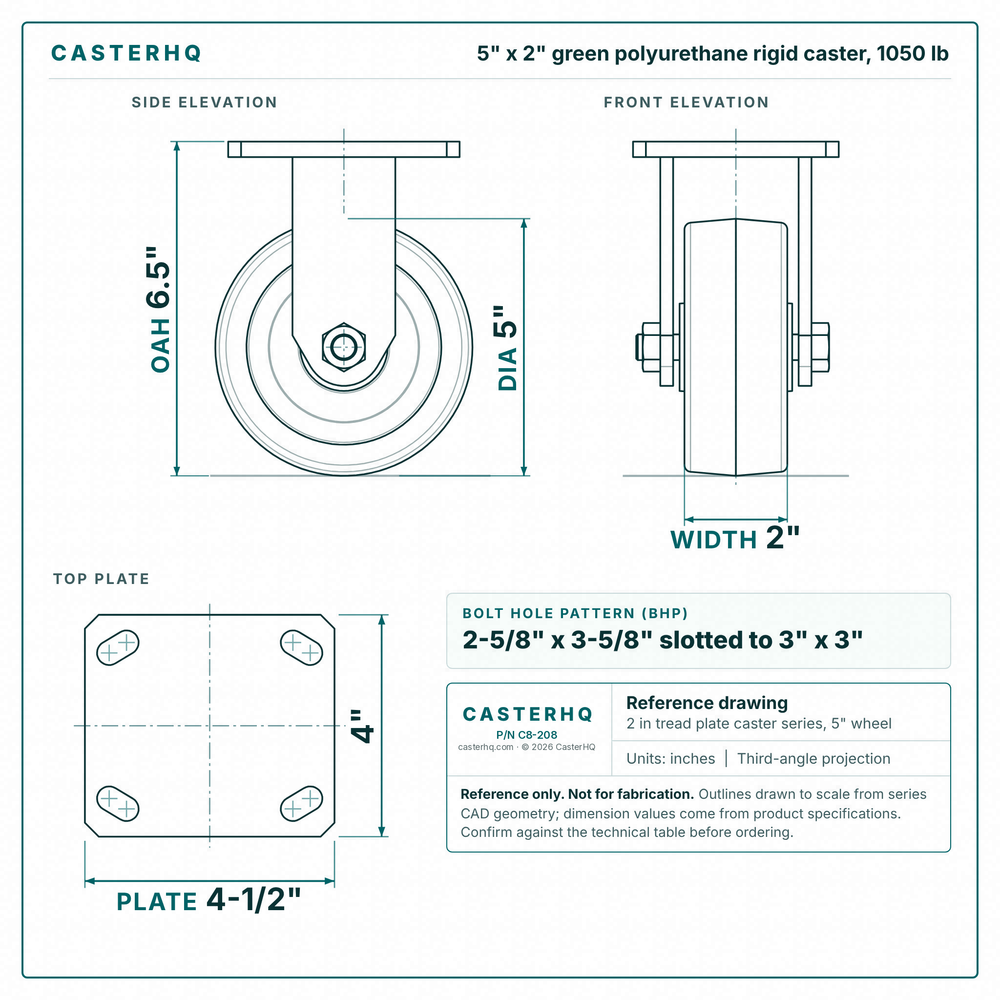 5 x 2 in green polyurethane rigid caster reference drawing, side, front and top plate views with dimensions