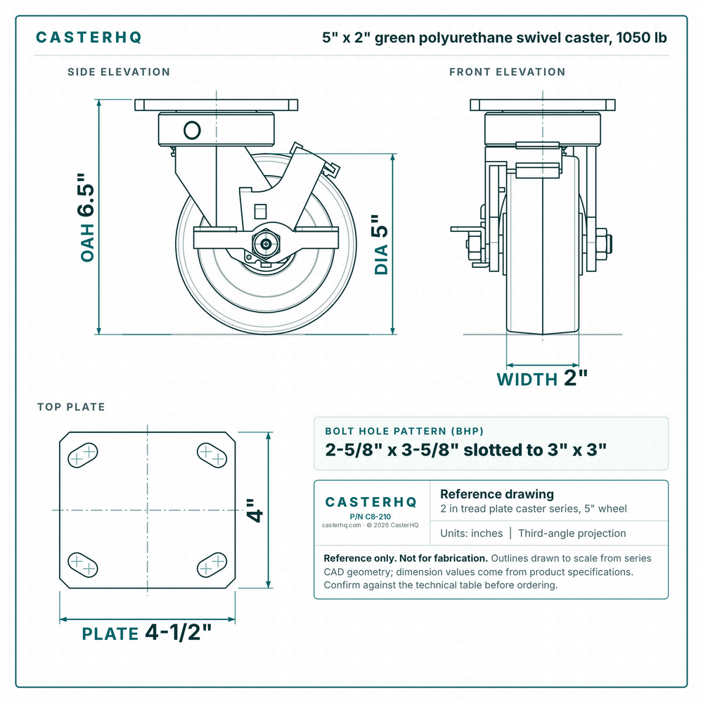 5 x 2 in green polyurethane swivel caster reference drawing, side, front and top plate views with dimensions