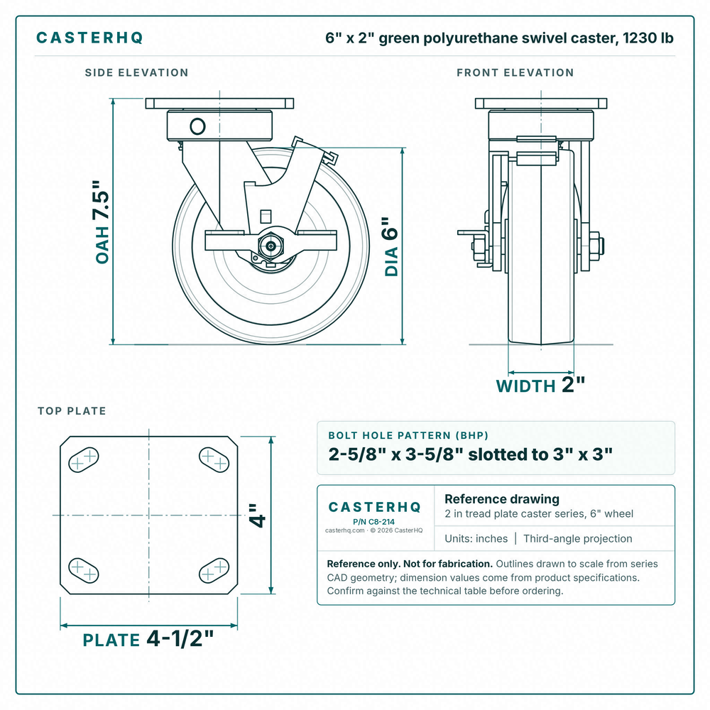6 x 2 in green polyurethane swivel caster reference drawing, side, front and top plate views with dimensions