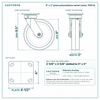 8 x 2 in green polyurethane swivel caster reference drawing, side, front and top plate views with dimensions