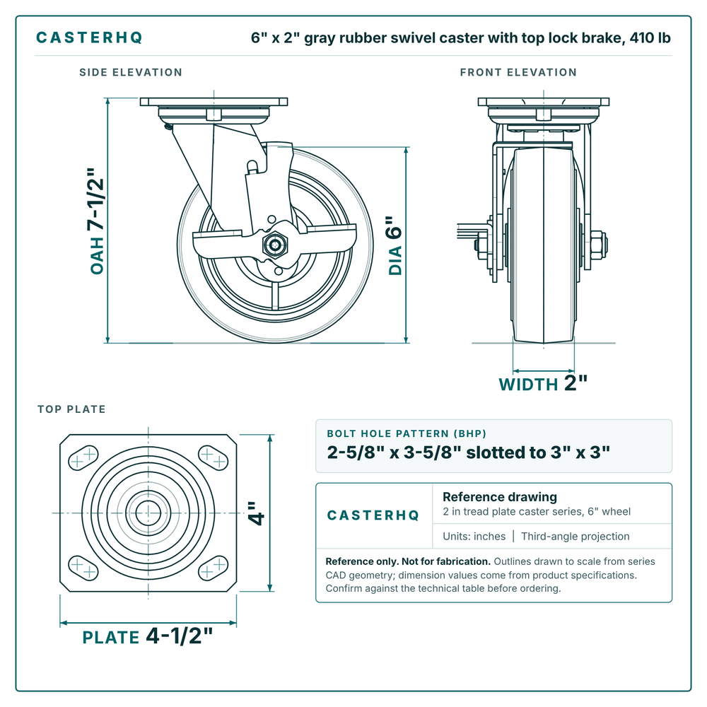 6 x 2 in gray rubber swivel caster with top lock brake reference drawing, side, front and top plate views with dimensions