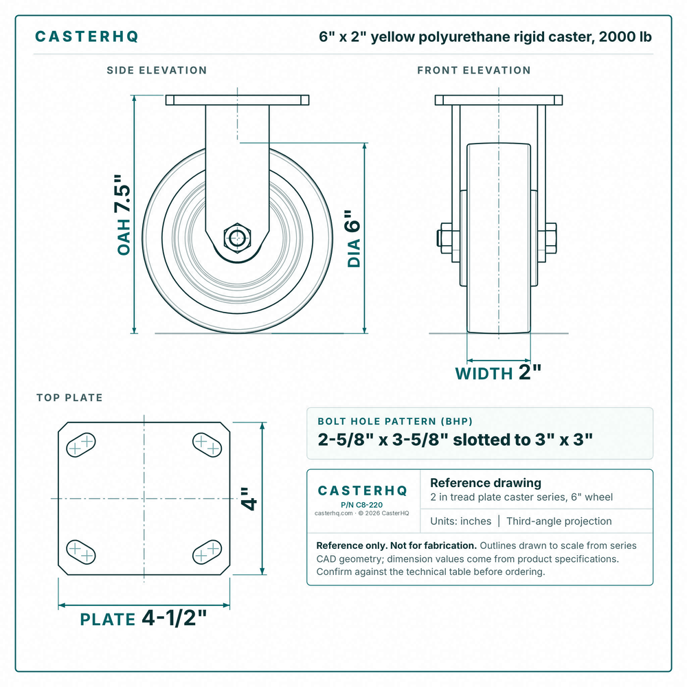 6 x 2 in yellow polyurethane rigid caster reference drawing, side, front and top plate views with dimensions