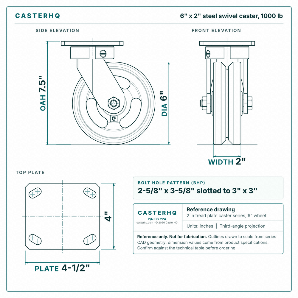 6 x 2 in steel swivel caster reference drawing, side, front and top plate views with dimensions