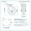 6 x 2 in steel swivel caster reference drawing, side, front and top plate views with dimensions