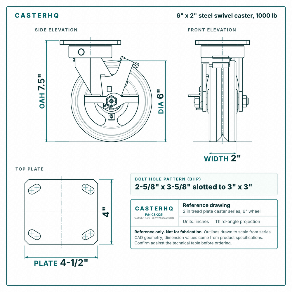 6 x 2 in steel swivel caster reference drawing, side, front and top plate views with dimensions