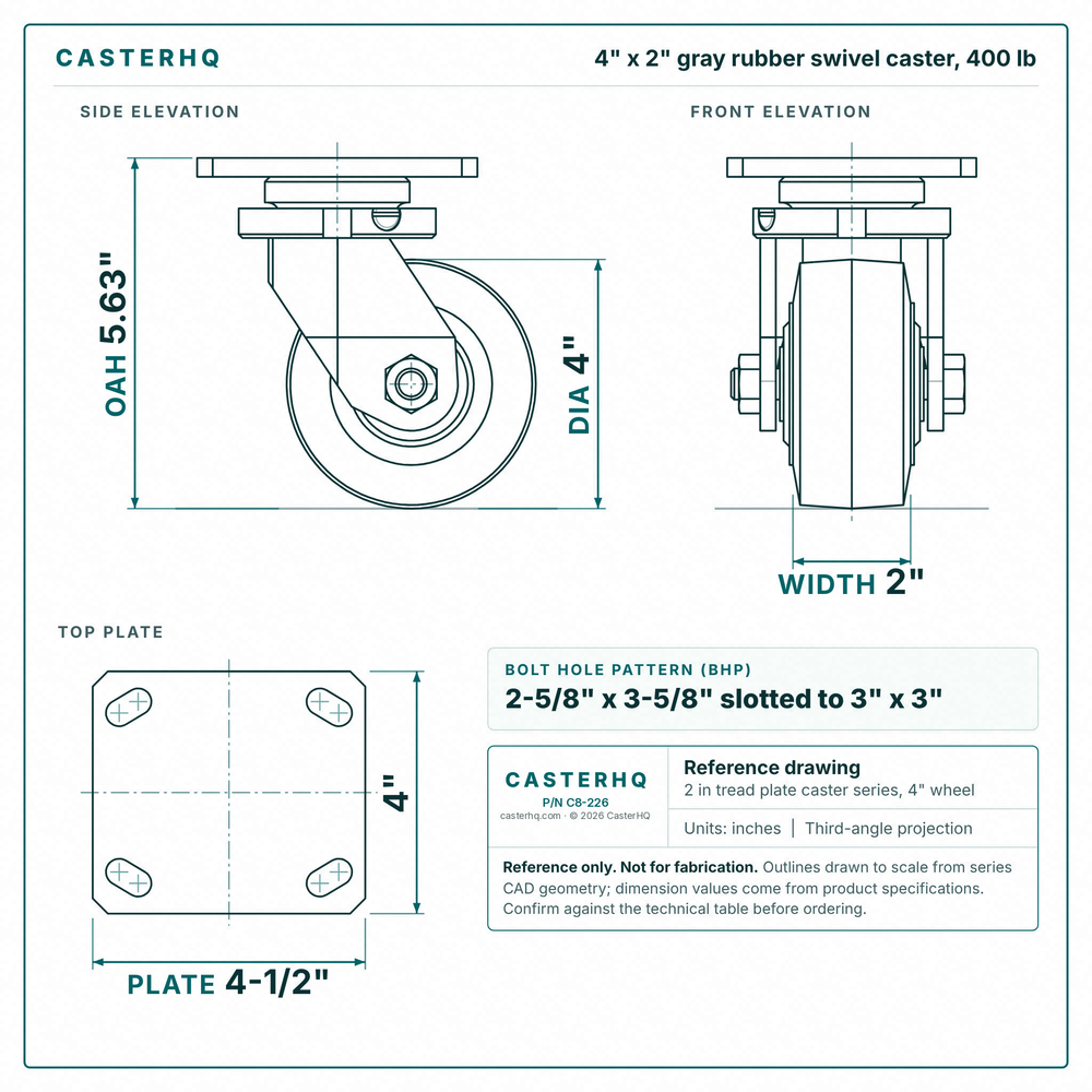 4 x 2 in gray rubber swivel caster reference drawing, side, front and top plate views with dimensions