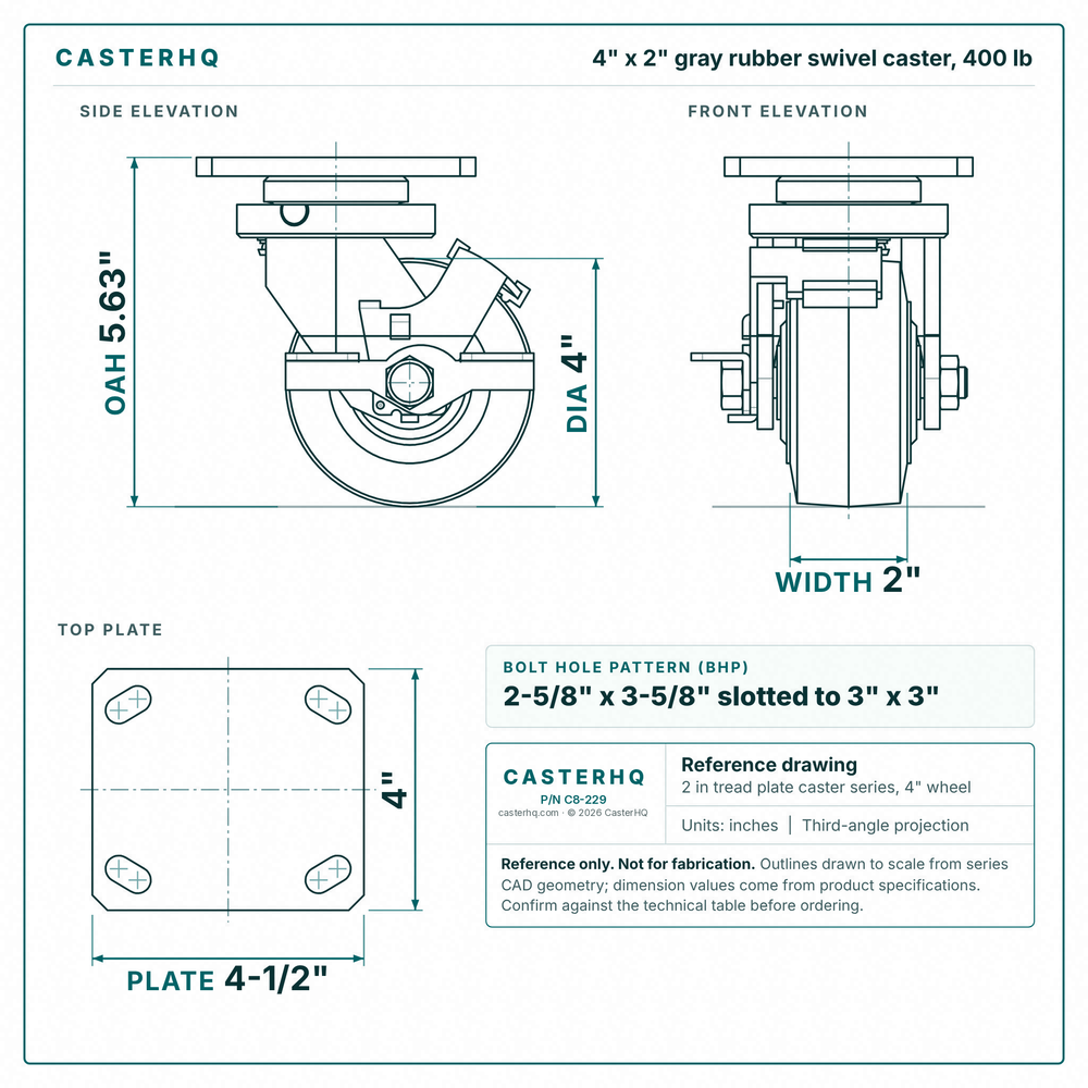 4 x 2 in gray rubber swivel caster reference drawing, side, front and top plate views with dimensions