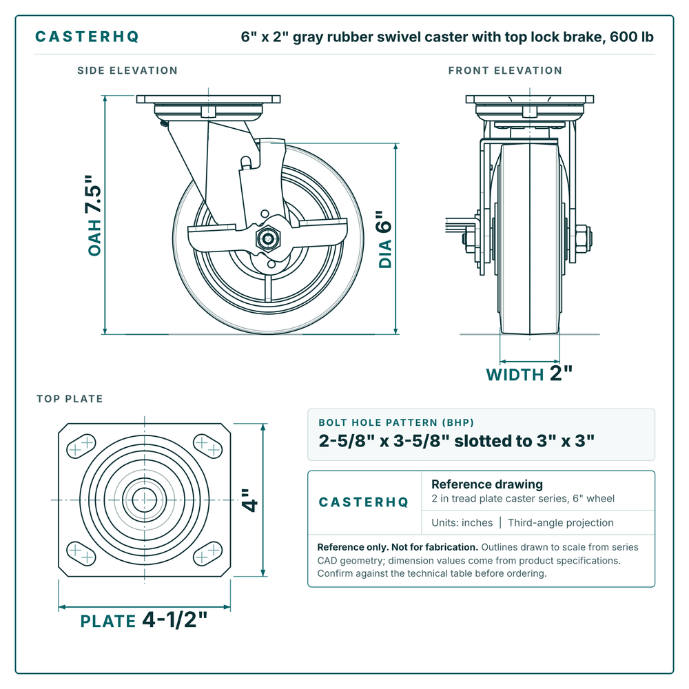 6 x 2 in gray rubber swivel caster with top lock brake reference drawing, side, front and top plate views with dimensions