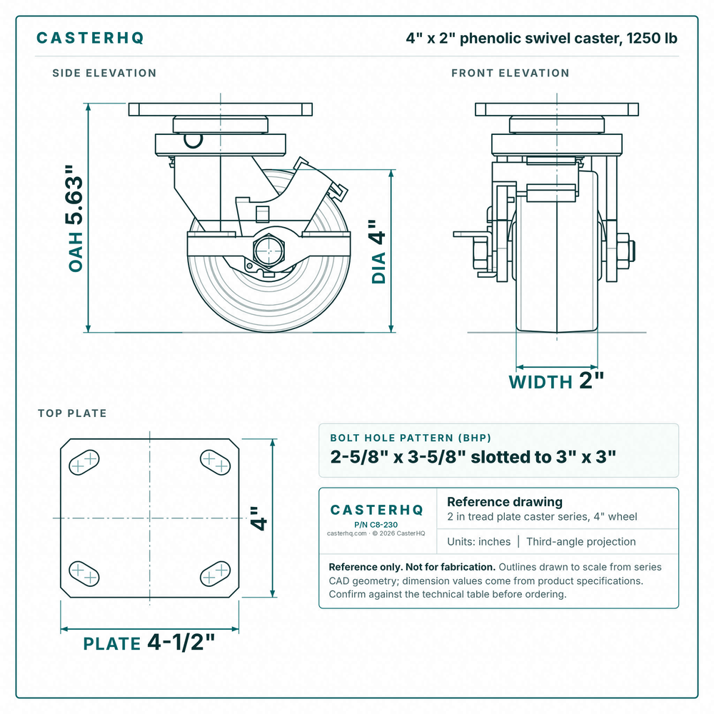 4 x 2 in phenolic swivel caster reference drawing, side, front and top plate views with dimensions