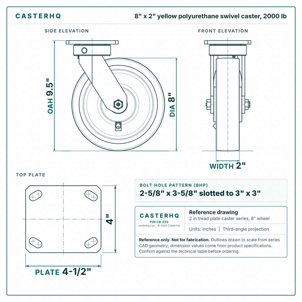 8 x 2 in yellow polyurethane swivel caster reference drawing, side, front and top plate views with dimensions
