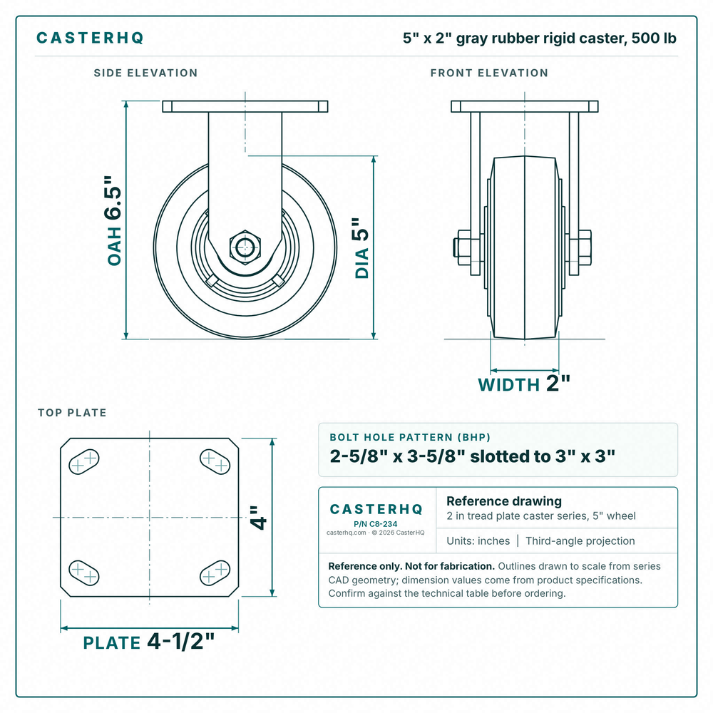 5 x 2 in gray rubber rigid caster reference drawing, side, front and top plate views with dimensions