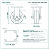 5 x 2 in gray rubber rigid caster reference drawing, side, front and top plate views with dimensions