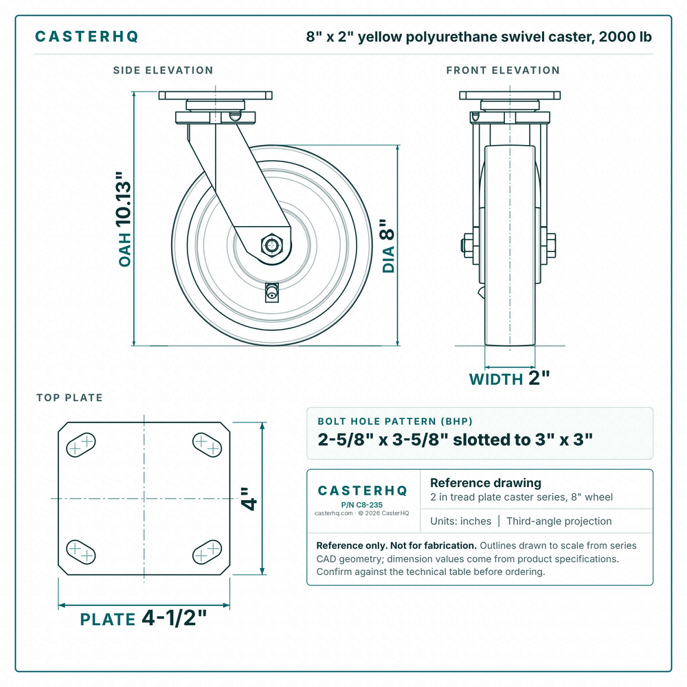 8 x 2 in yellow polyurethane swivel caster reference drawing, side, front and top plate views with dimensions