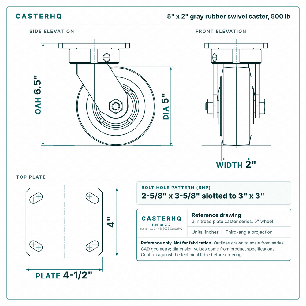 5 x 2 in gray rubber swivel caster reference drawing, side, front and top plate views with dimensions
