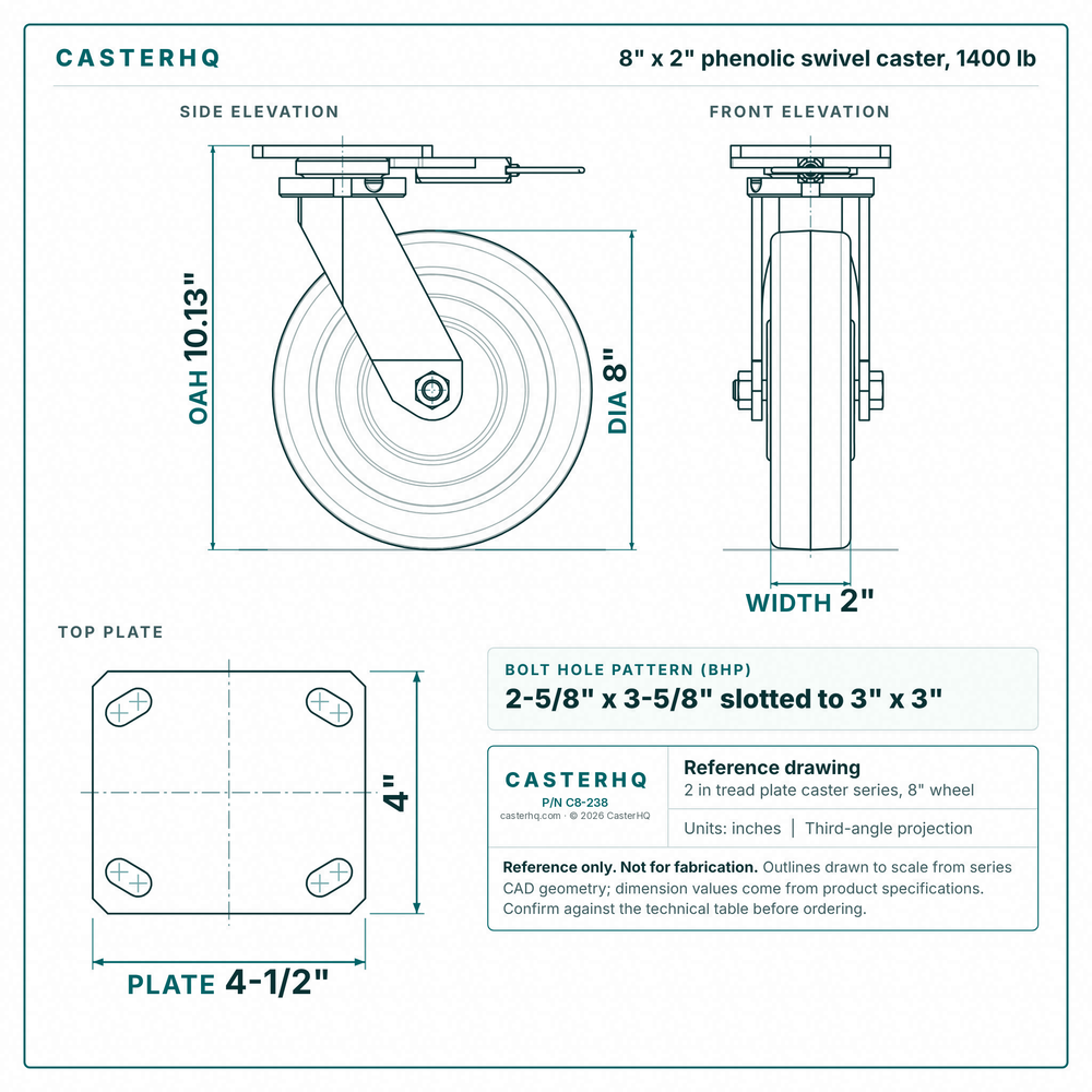 8 x 2 in phenolic swivel caster reference drawing, side, front and top plate views with dimensions