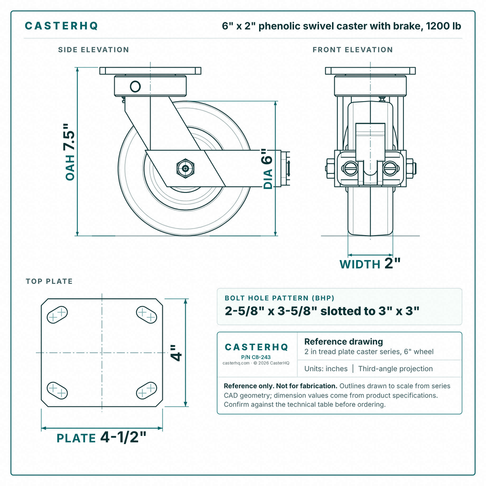 6 x 2 in phenolic swivel caster with brake reference drawing, side, front and top plate views with dimensions