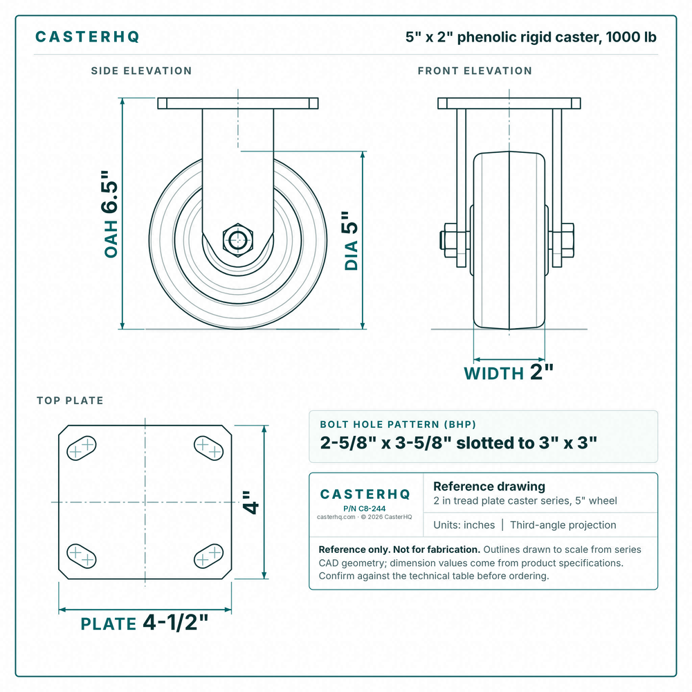 5 x 2 in phenolic rigid caster reference drawing, side, front and top plate views with dimensions