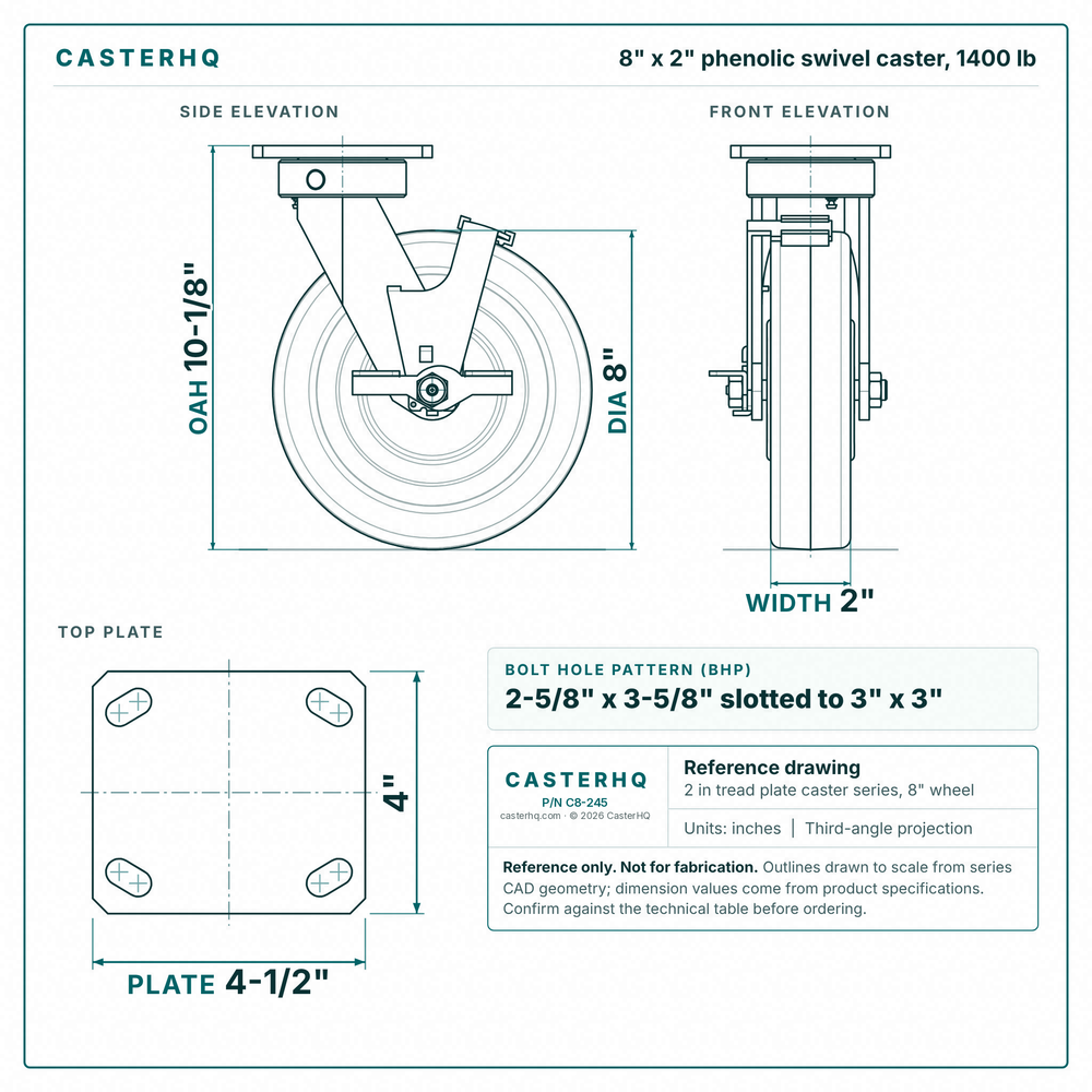 8 x 2 in phenolic swivel caster reference drawing, side, front and top plate views with dimensions