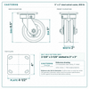 5 x 2 in steel swivel caster reference drawing, side, front and top plate views with dimensions