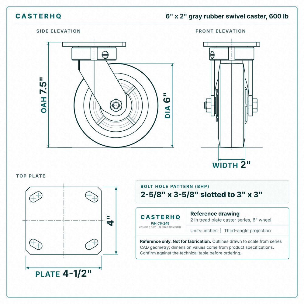 6 x 2 in gray rubber swivel caster reference drawing, side, front and top plate views with dimensions
