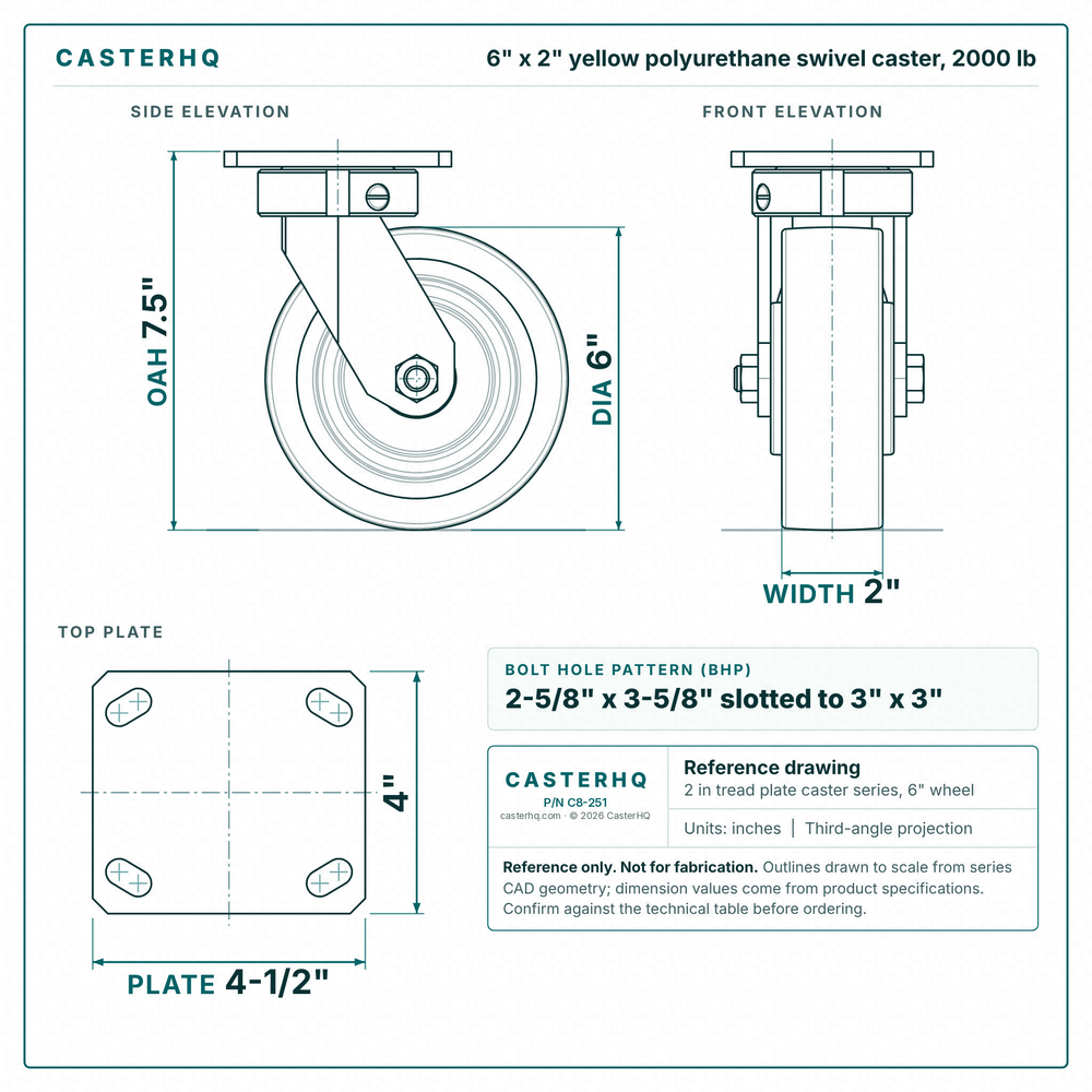 6 x 2 in yellow polyurethane swivel caster reference drawing, side, front and top plate views with dimensions