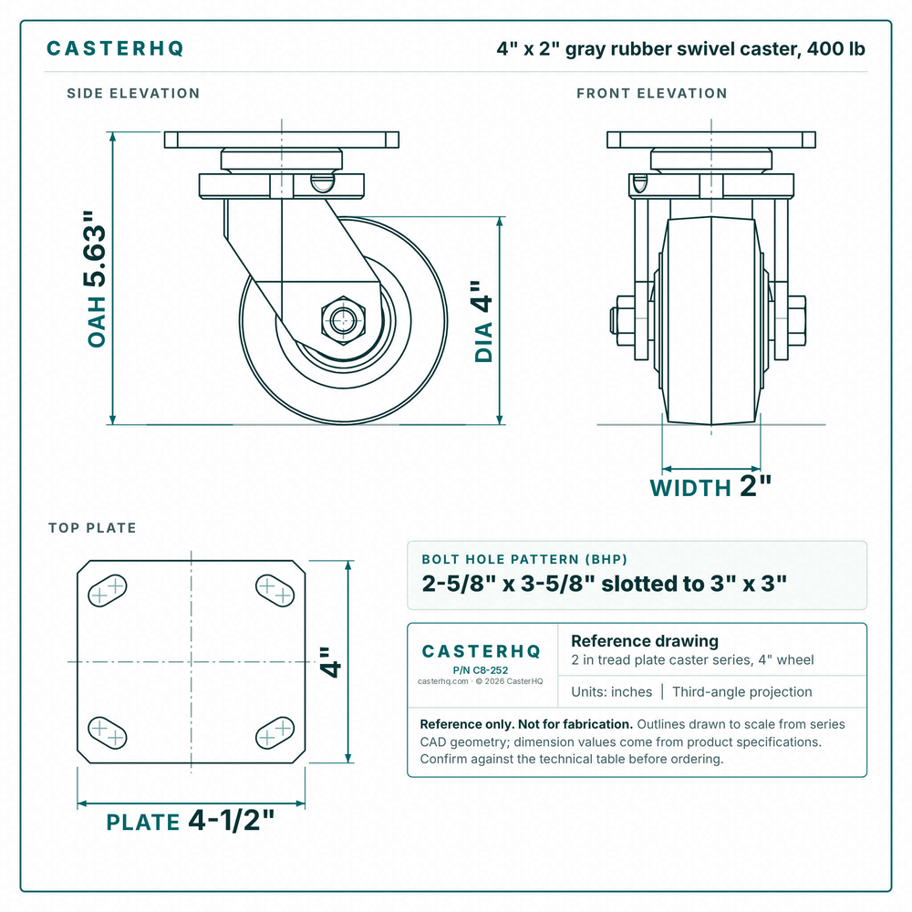 4 x 2 in gray rubber swivel caster reference drawing, side, front and top plate views with dimensions