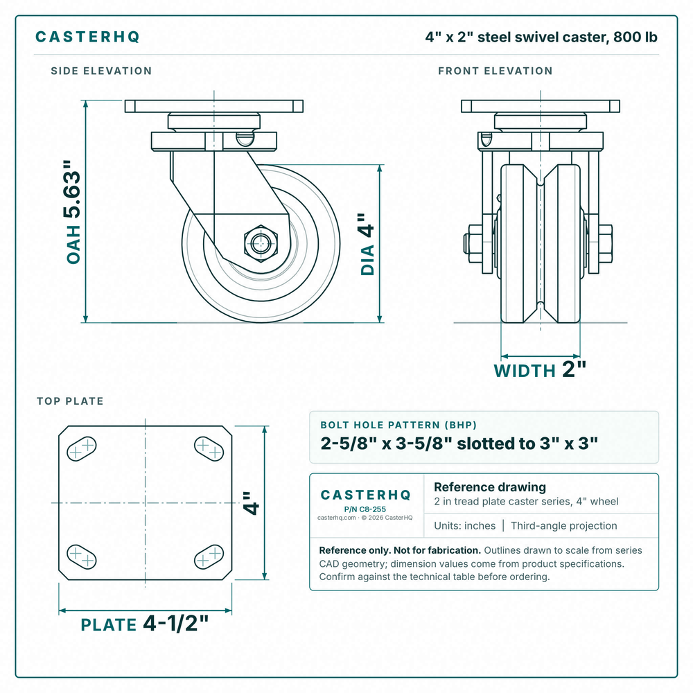 4 x 2 in steel swivel caster reference drawing, side, front and top plate views with dimensions
