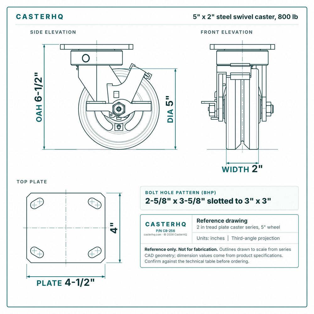 5 x 2 in steel swivel caster reference drawing, side, front and top plate views with dimensions